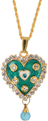 memoir Green Meenakari and Rich Kundan Heartshape Gold-plated Cubic Zirconia Brass Pendant
