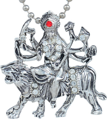 memoir Durga Devi, Sherawali Mata Locket with Chain, Silver Cubic Zirconia Brass Pendant