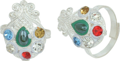 memoir Mangal Kalash Shaped Brass Cubic Zirconia Silver Plated Toe Ring Set