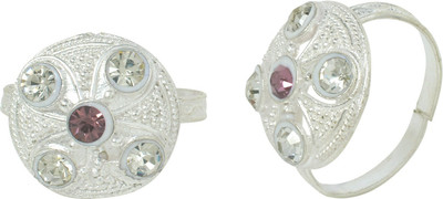 memoir Round Design Brass Cubic Zirconia Silver Plated Toe Ring Set
