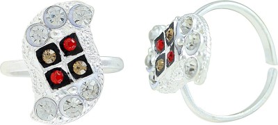 memoir Broad Design with White, Red & Champagne Yellow Brass Cubic Zirconia Silver Plated Toe Ring