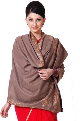 WEAVERS VILLA Pure Wool Embroidered Women Shawl(Brown)