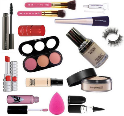 

Styling Makeup Brush With Liquid Eyeliner &mascara And 3 shades ,Star lip Gloss & foundation,Face Loose powder & Stick kajal,Eyelashes &Sponge Puff &Matte Finish Lipstick & Mirror Nail polish WIth Lashfix Eyelashes glue(Set of 15)