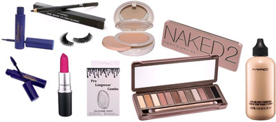 

Pro longwear combo silicon puff & Naked 2 eyeshadow palette 12 shades, mac lightful compact, face and body foundation, padma eyeliner and mascara , mac pencil kajal, Mac pink lipstick , eyelashes(Set of 9)