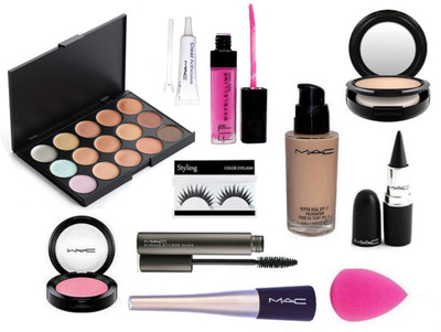 

Styling Eyelashes With Mac 15 Shade Concealer Palette With Hyper Real Foundation & stick kajal & Zoom lash mascara,liquid Eyeliner & Pink Shade blusher Studio Fix Compact With Sponge Puff & Maybelline pink Gloss & Eyelashes Glue(Set of 11)