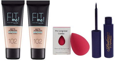 

Pro longwear combo Sponge Puff, Fit Me Matte + Poreless Normal to Oily Skin 102 Foundation ( Pack of 2), with Liquid Black Waterproof Eyeliner(Set of 4)