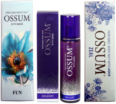 

OSSUM ZEAL PERFUMED BODY MIST 115 ML+ DELIGHT PERFUMED BODY MIST 115 ML+ FUN PERFUMED BODY MIST 115 ML Perfume Body Spray - For Men & Women(115 ml, Pack of 3)