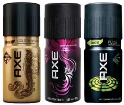 

AXE Deodorant (Gold temptation, provoke, Pulse 450ML) pack of 3 Deodorant Spray - For Men(450 ml, Pack of 3)