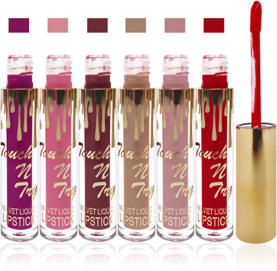 

Femina09 cosmetics makeup Touch n try velvet matte liquid lipstick enriched with vitamin E fashion color combo set of 6(red 1 l brown 1 d pink l brown pink 2 coffee brown purple 1)