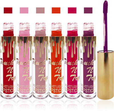 

Femina09 cosmetics makeup Touch n try velvet matte liquid lipstick enriched with vitamin E fashion color combo set of 6(l purple orange re d l falsa orange pink l brown pink)