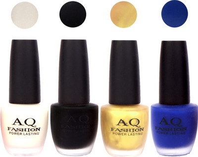 

AQ Fashion Velvet Matte Nail polish Combo set 787 White,Black,Golden,Blue(Pack of 4)