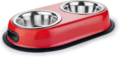 

HM Steels HMSTEELS MS Box Double Dinner Red Color With 2 Stainless steel 13 CM Bowls Round Stainless Steel Pet Bowl(400 ml Red)