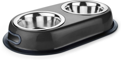 

HM Steels HMSTEELS MS Box Double Dinner Black Color With 2 Stainless steel 11 CM Bowls Round Stainless Steel Pet Bowl(200 ml Black)