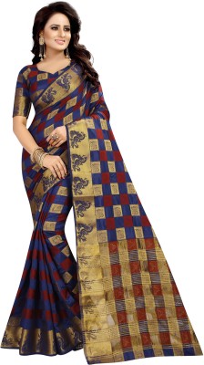 Perfect Wear Checkered Kanjivaram Cotton Silk Saree(Dark Blue)