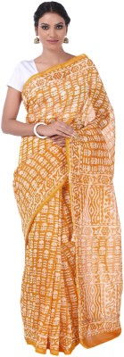 Kalakari India Printed Hand Batik Cotton Silk Saree(White, Yellow)