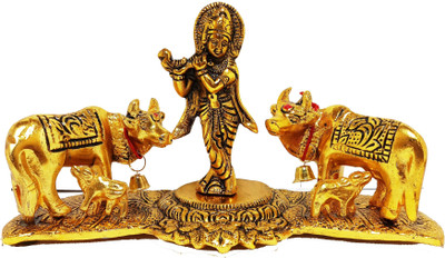 KridayKraft Prince Cow pair with krishna Standing Home Décor And Gifts Decorative Showpiece  -  11 cm(Polyresin, Gold)