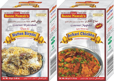 

Ustad Banne Nawab's MUTTON BIRYANI & ACHARI CHICKEN ( SPICE BLEND FOR MEAT AND RICE CASSEROLE & CHICKEN PICKLE CURRY ) - 2 PACK(2 x 60 g)