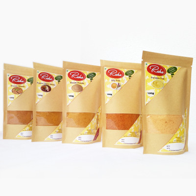 

RAHA FOODS COMBO Veg Trial Packs ( Pepper Gravy Masala 100g Biryani Masala 100g & Rasam Powder 100g & Idly Chili Powder 100g & Paruppu Podi 100g)(5 x 20 g)