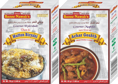 

Ustad Banne Nawab's MUTTON BIRYANI & ACHAR GOSHTH ( SPICE BLEND FOR MEAT AND RICE CASSEROLE & MEAT PICKLE CURRY ) - 2 PACK(2 x 57.5 g)