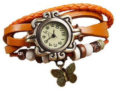 

Mettle Fancy Orange Leather Hand Knit Vintage Watches Dress Bracelet Women Girls Ladies Clover Pendant Retro.1801-ORG008 Watch - For Women