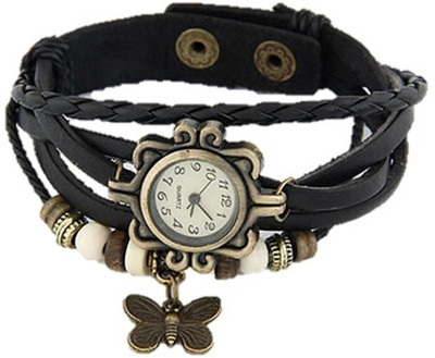 

Mettle Fancy Black Leather Hand Knit Vintage Watches Dress bracelet Women Girls Ladies clover Pendant Retro.1801-BLK001 Watch - For Girls