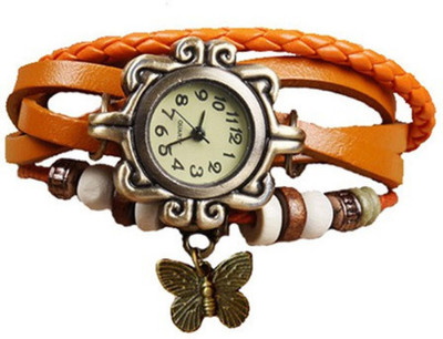

Mettle Fancy Orange Leather Hand Knit Vintage Watches Dress Bracelet Women Girls Ladies Clover Pendant Retro.1801-ORG006 Watch - For Women