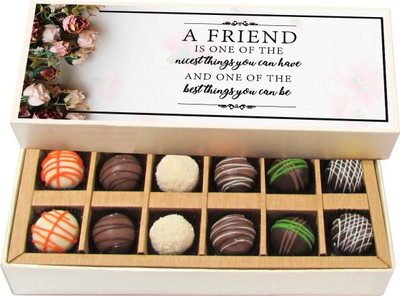 

Chocholik Friendship Gift - Friendship Is a Knot That Cannot Be United - Dark, Milk, White Chocolate Truffles - 12pc Truffles(180 g)