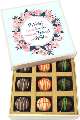 

Chocholik Friendship Gift - World Is Full of Smiles, Whenever Friends Are With Me - Dark, Milk, White Chocolate Truffles - 9pc Truffles(135 g)