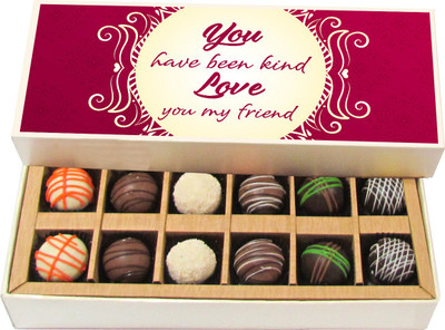 

Chocholik Friendship Gift - A Friend Loves at All Times - Dark, Milk, White Chocolate Truffles - 12pc Truffles(180 g)