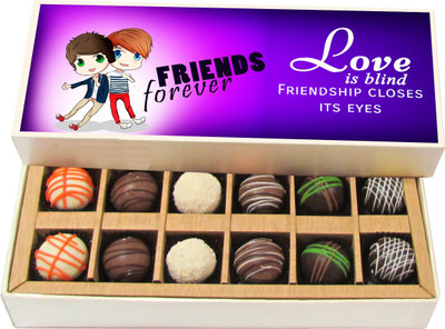 

Chocholik Friendship Gift - A Caring Friend Is Thousand Times Better - Dark, Milk, White Chocolate Truffles - 12pc Truffles(180 g)