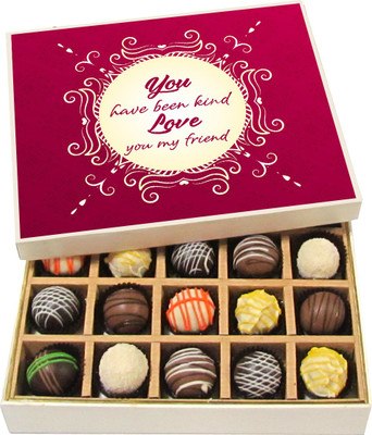 

Chocholik Friendship Gift - A Friend Loves at All Times - Dark, Milk, White Chocolate Truffles - 20pc Truffles(300 g)