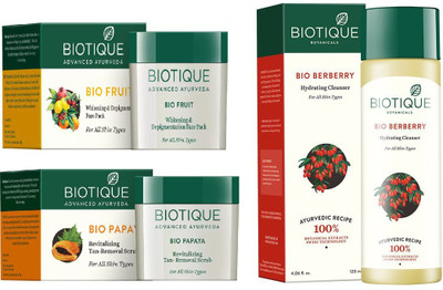 

BIOTIQUE BIO Bio Fruit Face Pack, Bio Papaya Revitalizing Tan Removal Scrub, Bio Berberry Hydrating Cleanser(Set of 3)