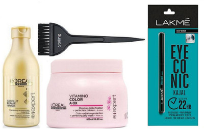 

Styling Hair brush With Loreal Absolut Repair lipdium Shampoo & Vitamino Color A-ox Hair spa & Eyeconic Kajal(Set of 4)