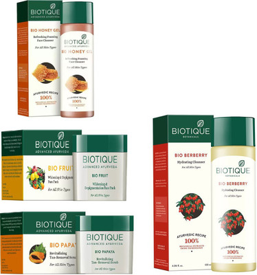

BIOTIQUE BIO Bio Honey Gel Refreshing Foaming Face Cleanser For All Skin Types, Bio Fruit Face Pack, Bio Papaya Revitalizing Tan Removal Scrub, Bio Berberry Hydrating Cleanser(Set of 4)