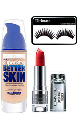 

Ultimate Eyelashes, Super Stay Better Skin Foundation, Folly Red Lipstick(Set of 3)