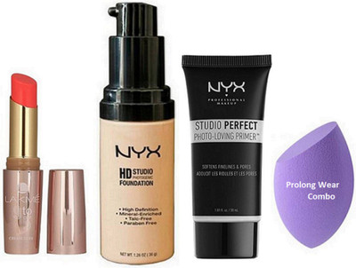 

Pro longwear combo Sponge Puff,Nyx Hd Studio Foundation,Studio Perfect Photo Loving Primer,9 To 5 Orange Shades Lisptick(Set of 4)