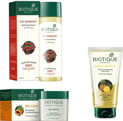 

BIOTIQUE BIO Bio Papaya Revitalizing Tan Removal Scrub, Bio Berberry Hydrating Cleanser, Bio Pineapple Oil Control Foaming Face wash(Set of 3)