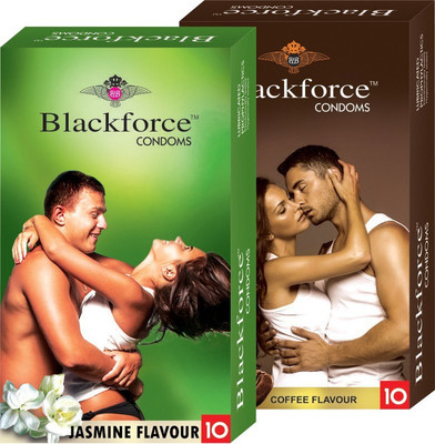 

Black Force Combo 2pack Coffee and Jasmin Flavour Extra dotted Condom (20 Pieces) Condom(Set of 2, 20S)