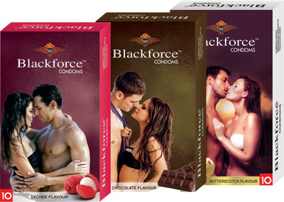 

Black Force Combo 3pack Buttercotch,Chocolate and Lychee Flavour Extra dotted Condom (30 Pieces) Condom(Set of 3, 30S)