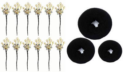 

Confidence Combo Design Party Wear Donut Bun Maker With Juda Pins 10 Pcs For Girls And Women Bun, Back Pin(Black, Gold)
