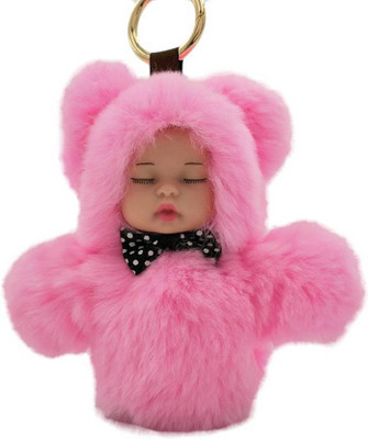 

DALUCI Cute Sleeping Baby Doll 13cm Key Chain Real Rabbit Fur Keychain Fluffy Pom Pom Keyring Bag Car For Women Key Chain