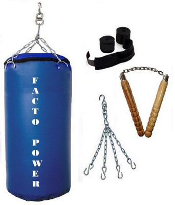 

FACTO POWER 3.5 Feet Long, SRF - HEAVY Material, Blue Color, Unfilled with Hanging Chain with 9 Feet Long Black Color Hand Wraps Pair & Wooden Handle Non Chaku Boxing Kit