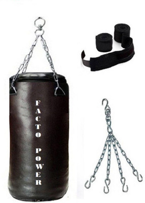 

FACTO POWER 1.5 Feet Long, SRF - STANDARD Material, Black Color, Unfilled with Hanging Chain and 9 Feet Long Black Color Hand Wraps Pair Boxing Kit