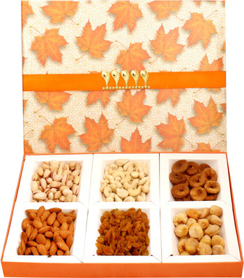 

Ghasitaram Gifts Dryfruits- Orange Big 6 Part Print Dryfruit Box(800 g, Vacuum Pack)