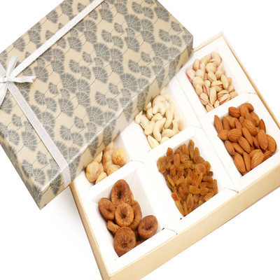 

Ghasitaram Gifts Dryfruits- Grey 6 Part Print Dryfruit Box(600 g, Vacuum Pack)