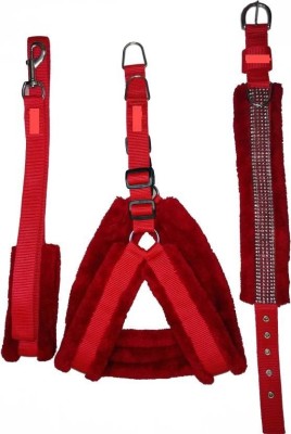 PET HUB Dog Harness & Leash(Medium, RED 1 INCH MEDIUM NYLON MATERIAL WITH MINK FUR FUR PADDING)