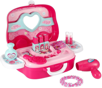 

Kingwell Make Up Box Toy Set for Baby Little Girl Plastic Miniature Hair Dryer Comb Necklace Bracelet Ring Pretend Play Children's Kit for Christmas Present
