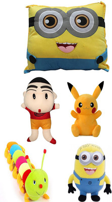 

Marchie's Combo of cartoon character caterpillar (55 cm), shinchan (35 cm), Minion (33 cm) and pikachu (17 cm) Stuffed plus for kid/ Birthday gift for kid - 33 cm and Hut Minion Cushion Pillow Soft Toy - 45 cm - 45 cm(Multicolor)