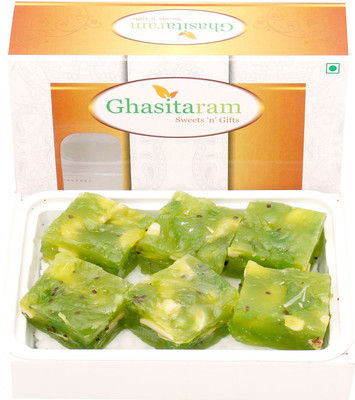 

Ghasitaram Gifts Ghasitaram's Kiwi Halwa 200 gms with Om Beads Rakhi(200 g, Box)