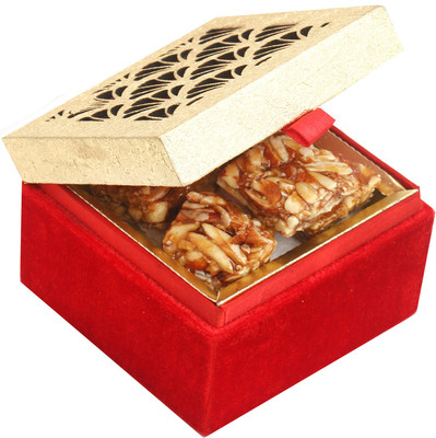 

Ghasitaram Gifts Red and Gold 18 pcs Roasted Almonds Bites Tray(200 g, Box)